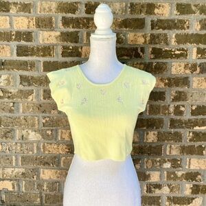 Free People Yellow Crop Top Shirt Size Medium Knit Embroidery